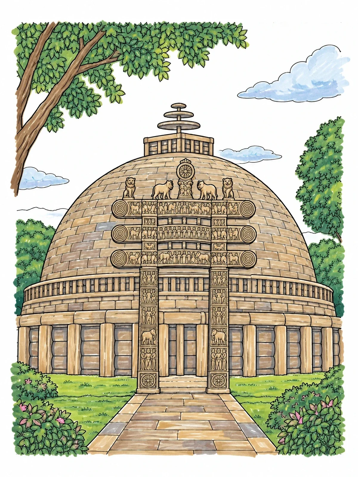 Colored example of the Great Stupa At Sanchi coloring page