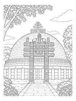 Detailed india coloring page featuring the ancient Great Stupa at Sanchi with its carved gateway and stone dome.