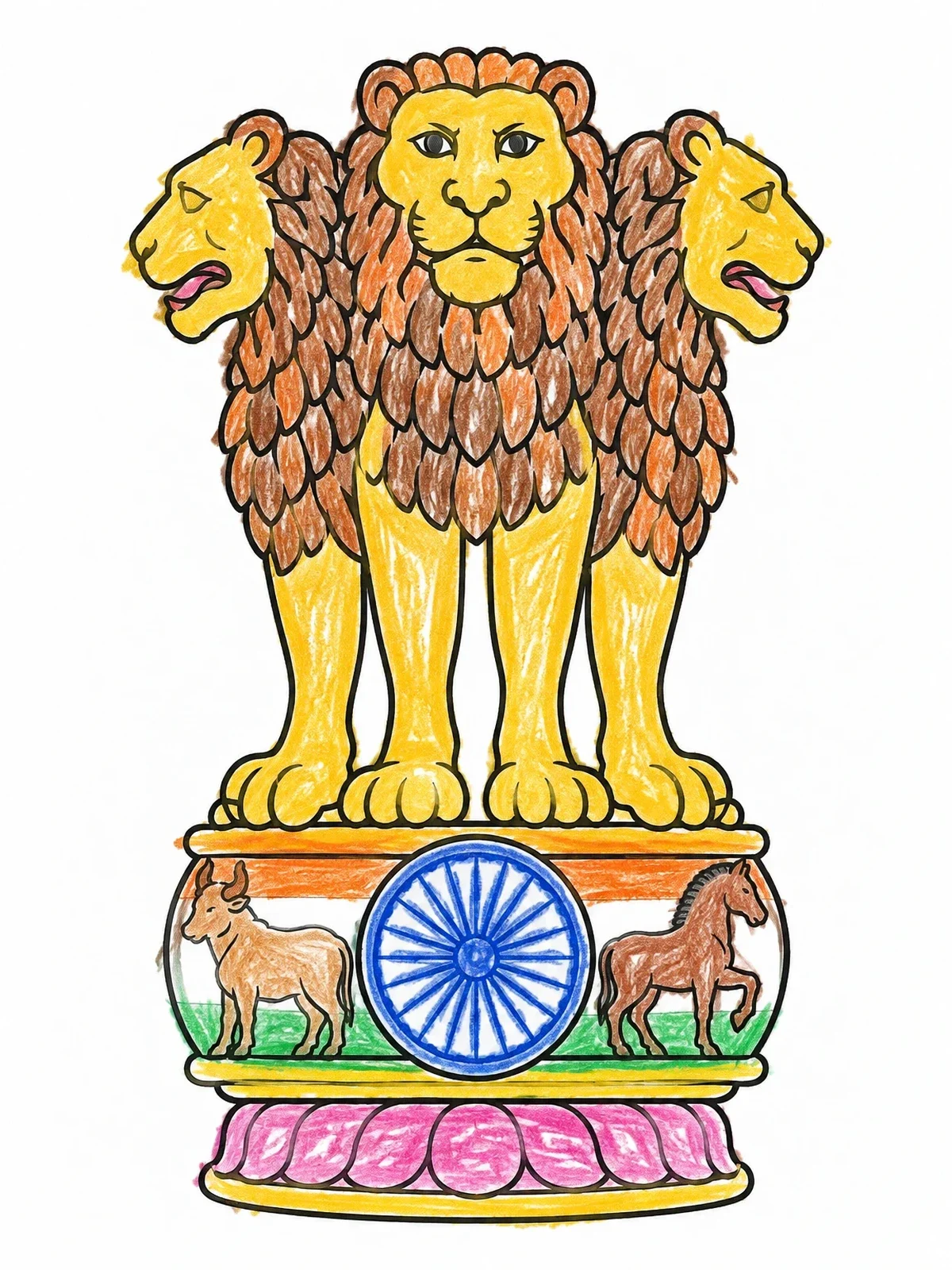 Colored example of the Lion Capital Of Ashoka Emblem coloring page