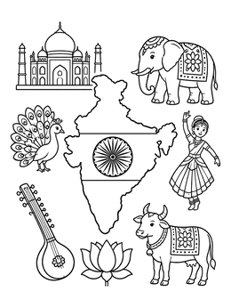 Free printable India Map And Cultural Symbols coloring page