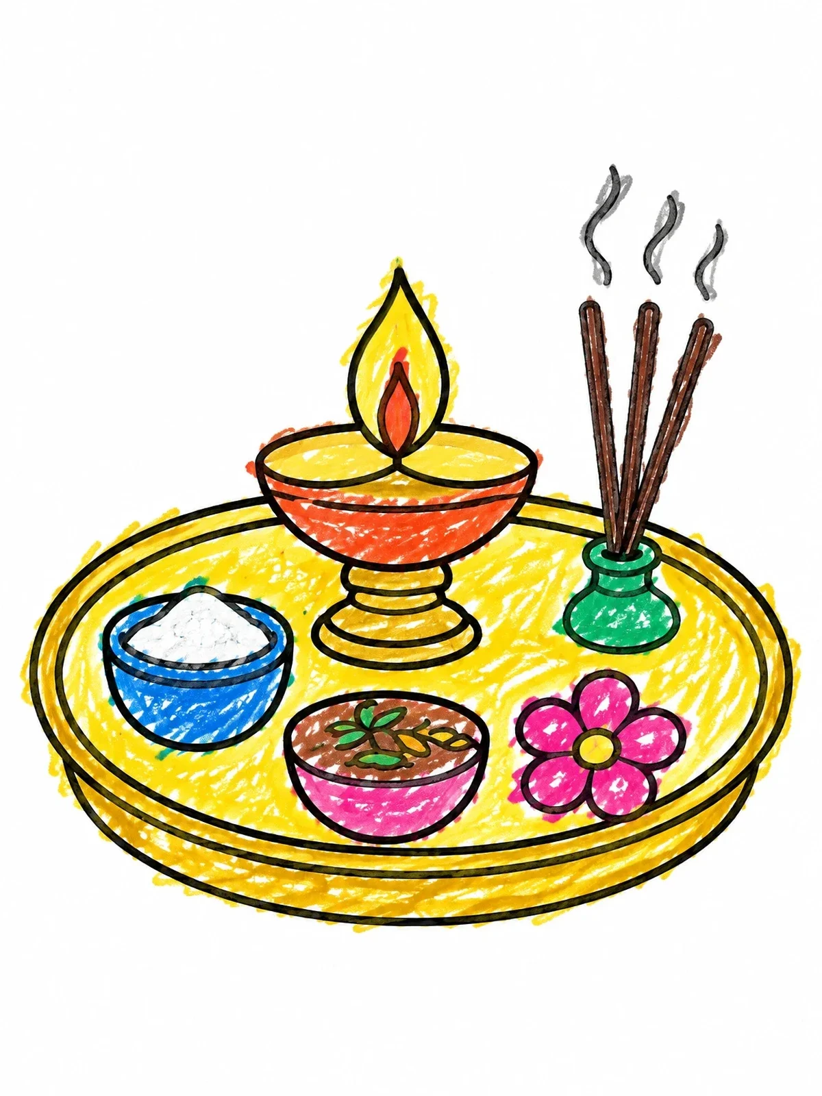 Colored example of the Traditional Pooja Thali Plate coloring page