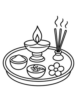 A festive brass diya and incense sticks on this india coloring page.