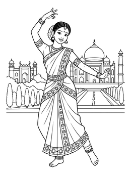 An Indian dancer poses gracefully before the Taj Mahal in this india coloring page.
