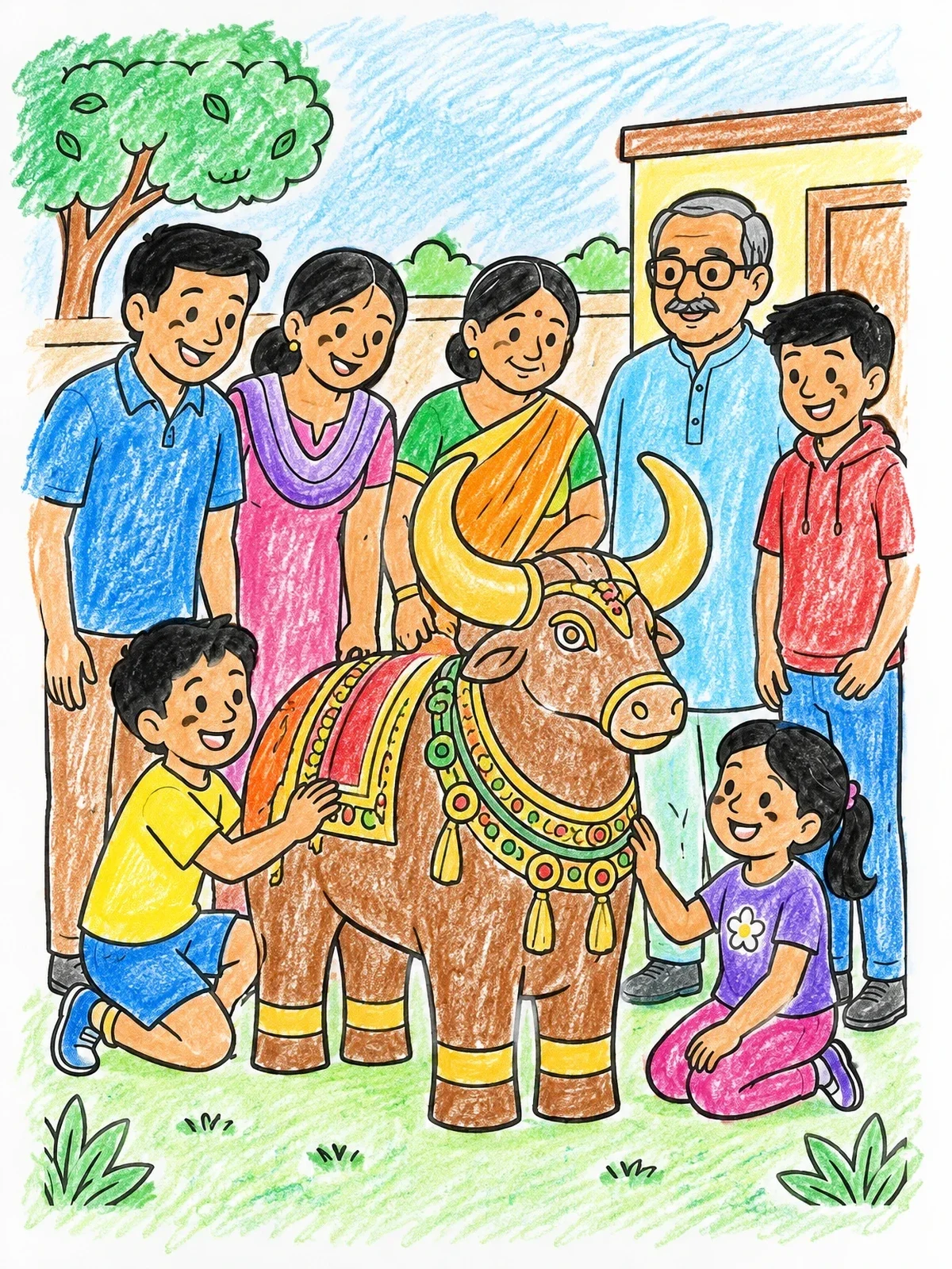 Colored example of the Indian Family With Decorated Bull Statue coloring page