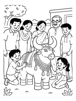 Free printable Indian Family With Decorated Bull Statue coloring page