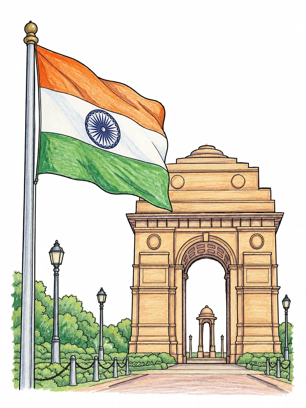 Colored example of the Indian Flag And India Gate coloring page