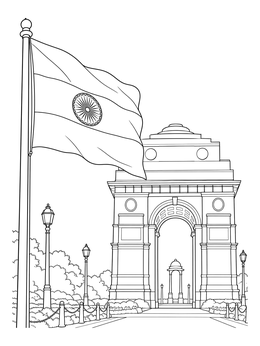 The national flag flying next to the grand India Gate in this detailed india coloring page.