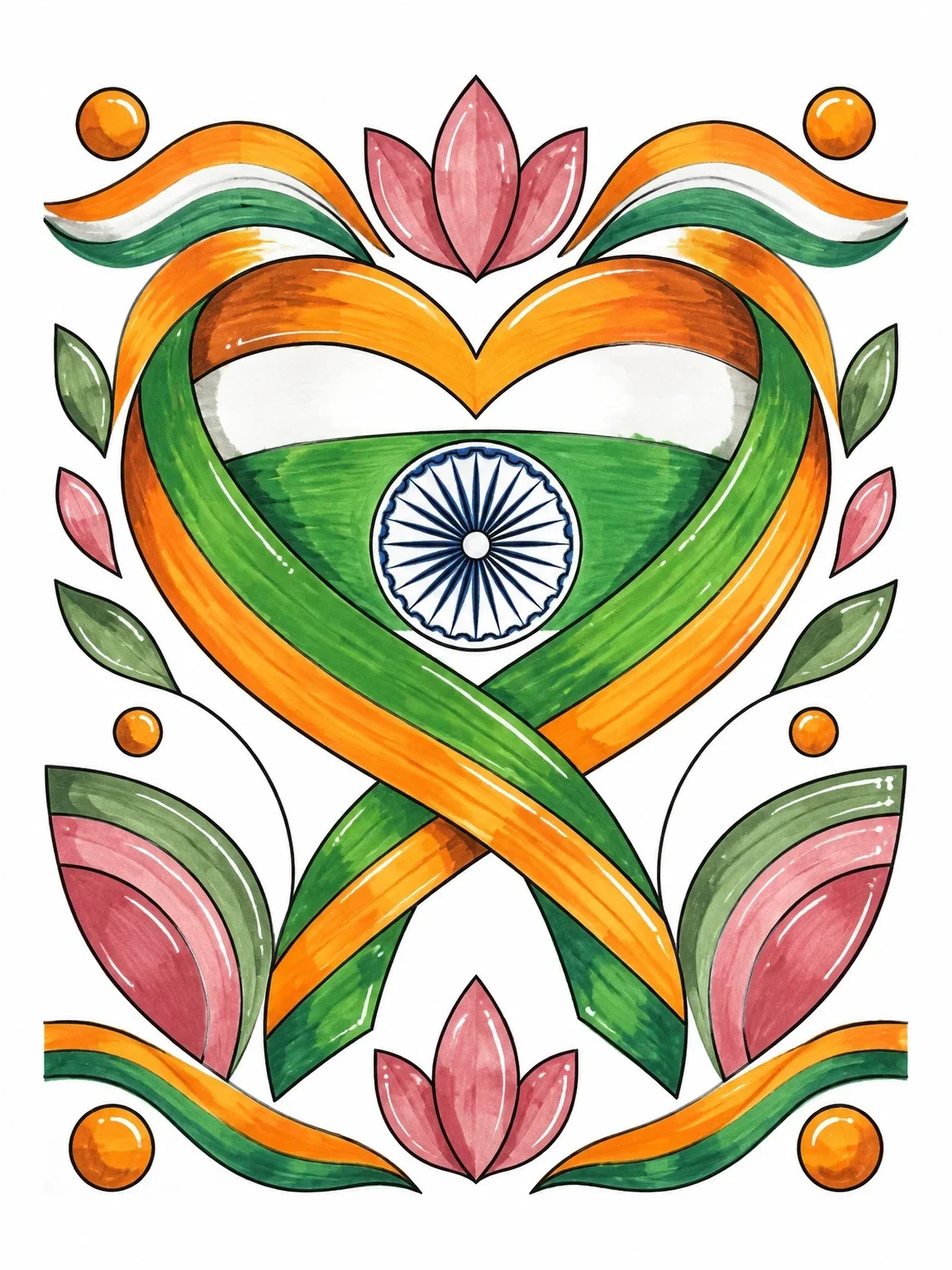Colored example of the Indian Flag Heart Ribbon Mandala coloring page
