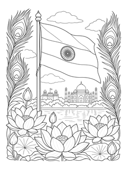 A fluttering tricolor flag on this india coloring page bordered by lotus flowers and peacock feathers.