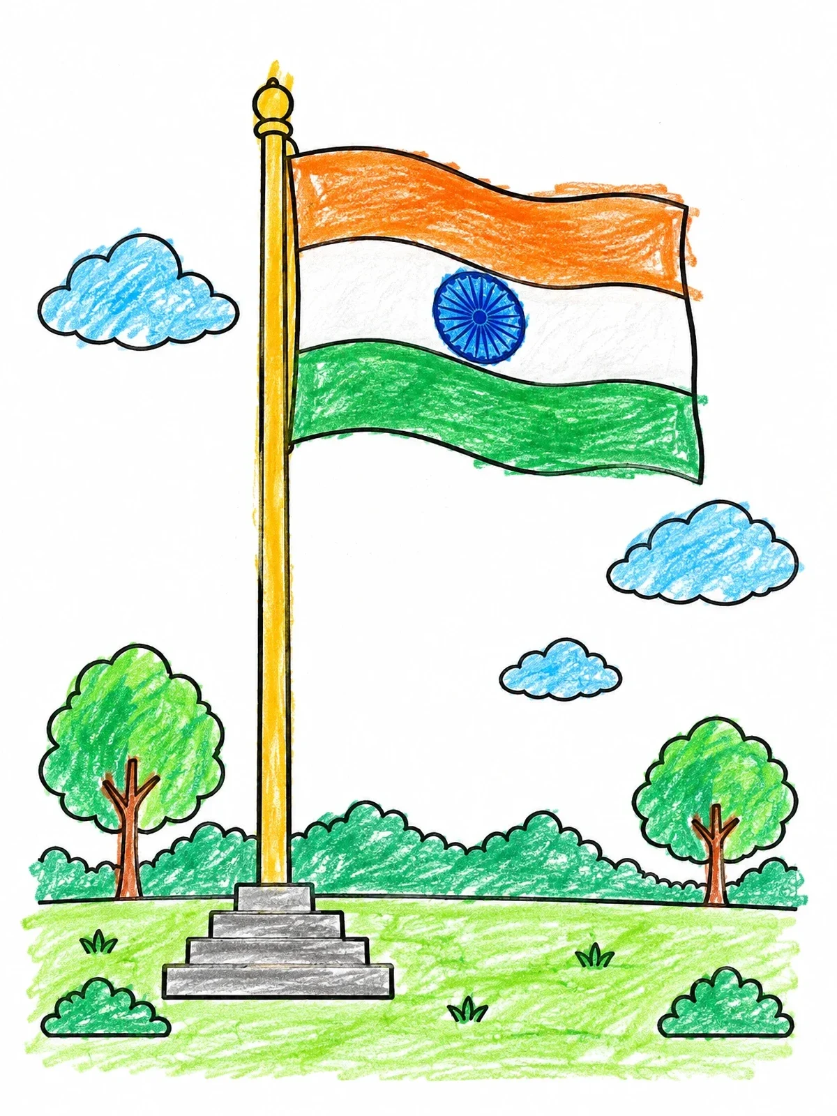 Colored example of the Indian National Flag On Flagpole coloring page