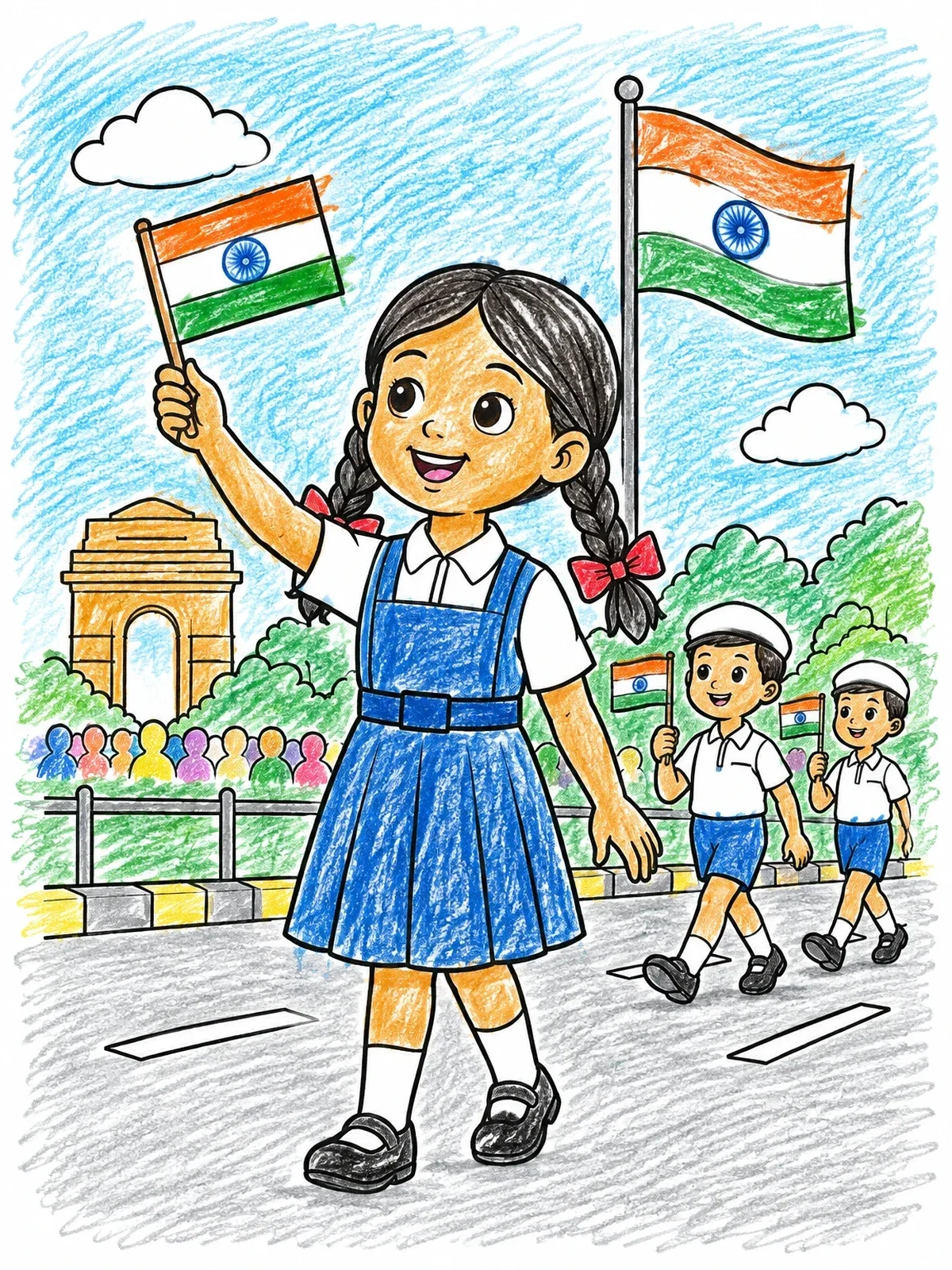 Colored example of the Indian Independence Day Parade With Kids coloring page
