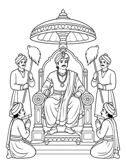 An ancient Indian king on a royal throne in this india coloring page.