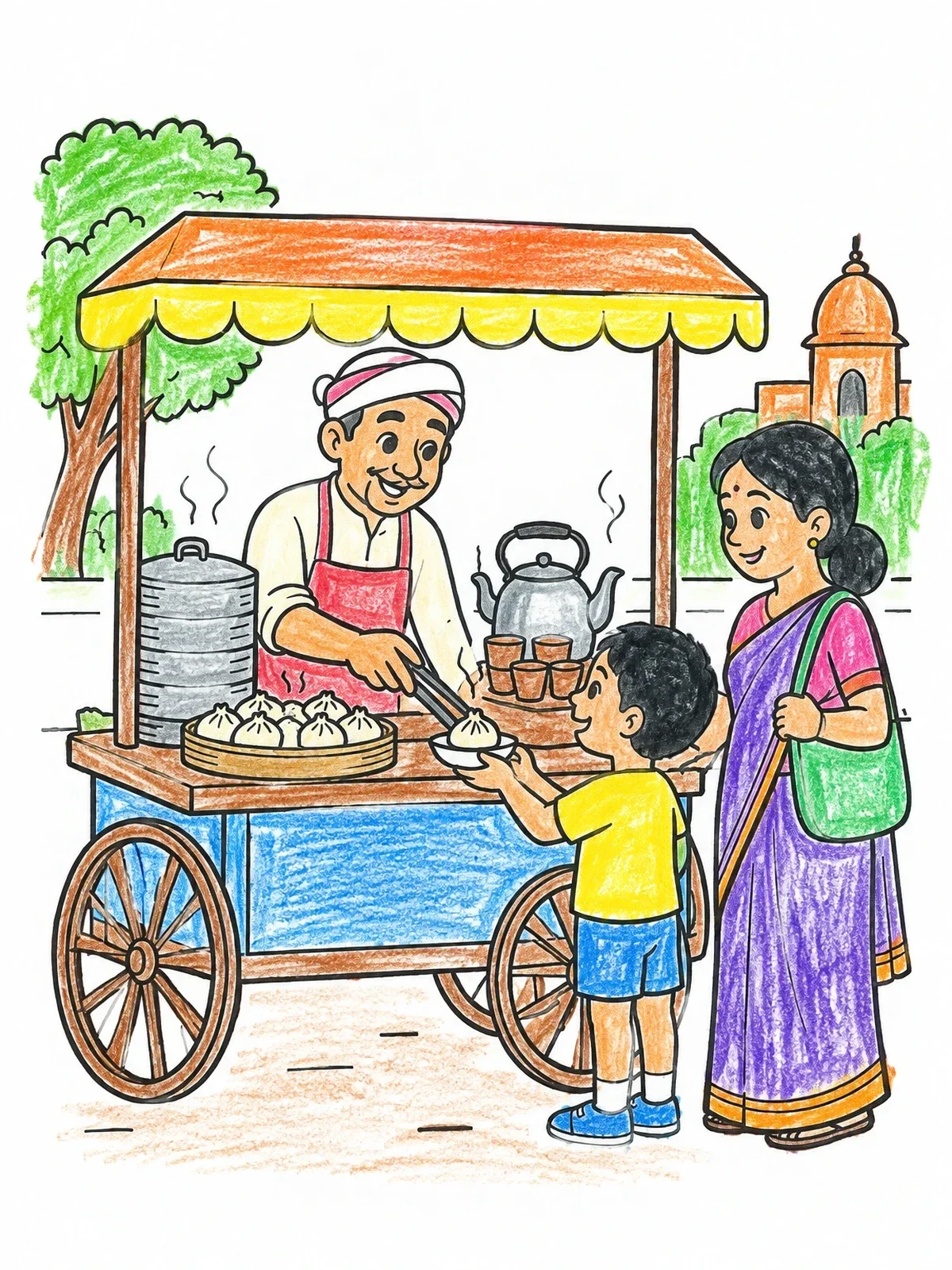 Colored example of the Indian Street Food Cart Vendor coloring page