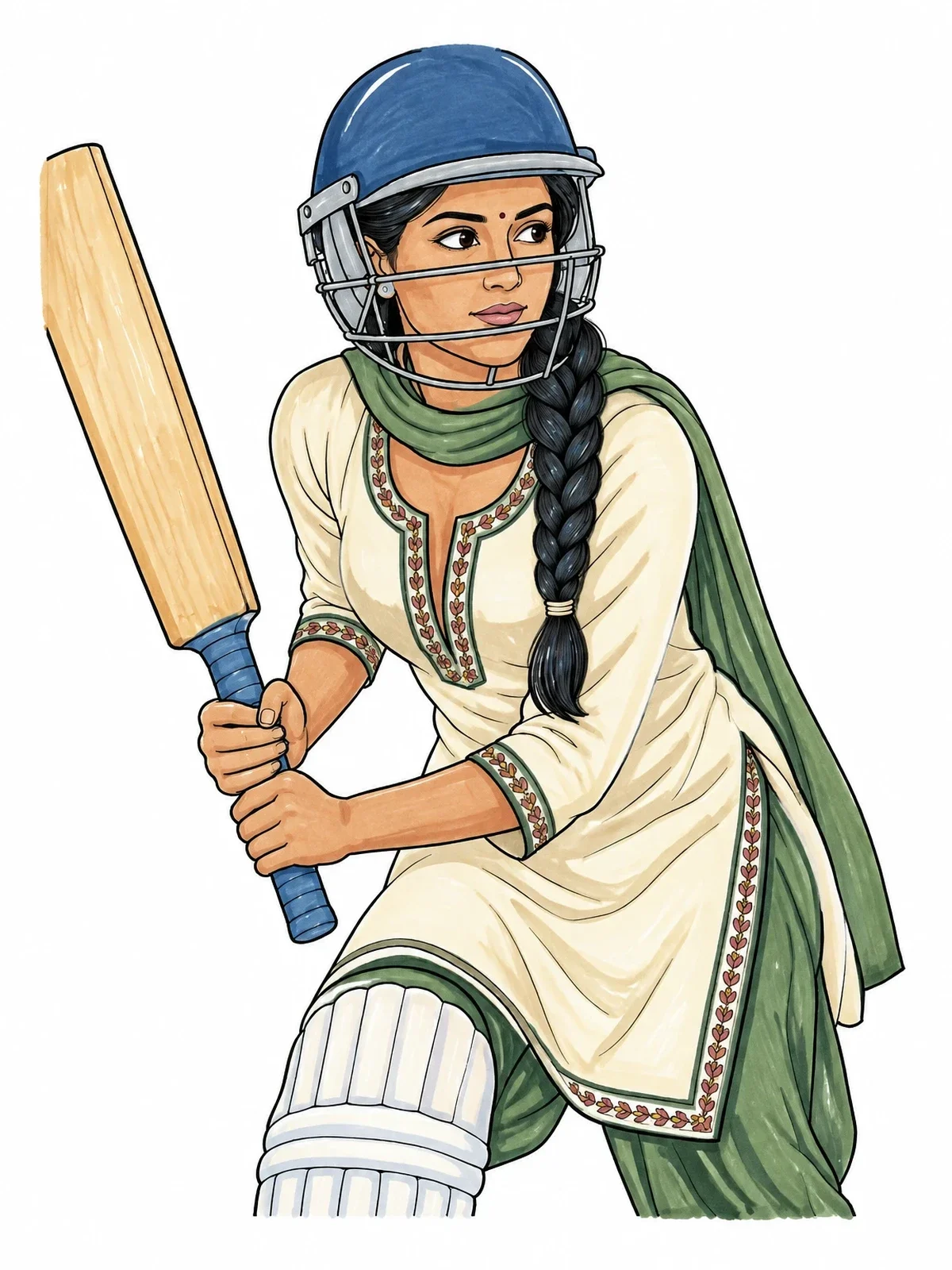 Colored example of the Indian Woman Playing Cricket In Salwar Kameez coloring page