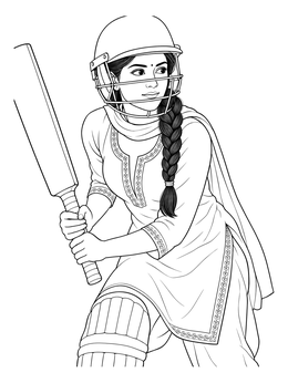 An india coloring page showing a focused young woman wearing a helmet and salwar kameez holding a cricket bat.