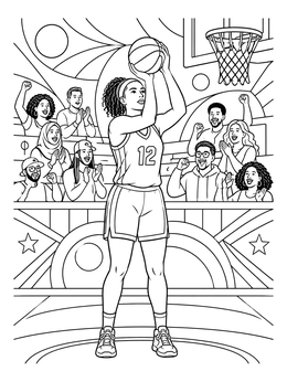 A female basketball player shoots a free throw in this detailed indiana coloring page with cheering fans.