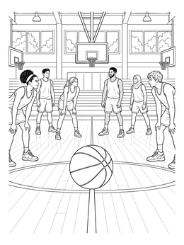 A lively gym scene with players around center court in an indiana coloring page.
