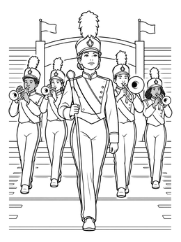 Free printable Marching Band Drum Major Leading Brass Players coloring page