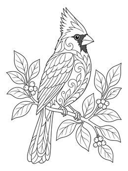 A detailed Indiana coloring page showing a northern cardinal perched on a leafy branch.