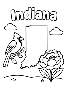 Free printable Indiana State Map, Cardinal, And Peony coloring page