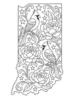 An ornate indiana coloring page featuring cardinals, lush peonies, and stars inside the state border.