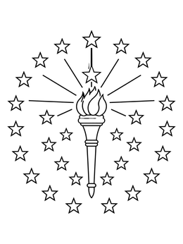 Symbolic torch and stars on this indiana coloring page with radiating light rays.