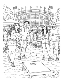 Friends playing cornhole outside a stadium in this lively indiana coloring page.