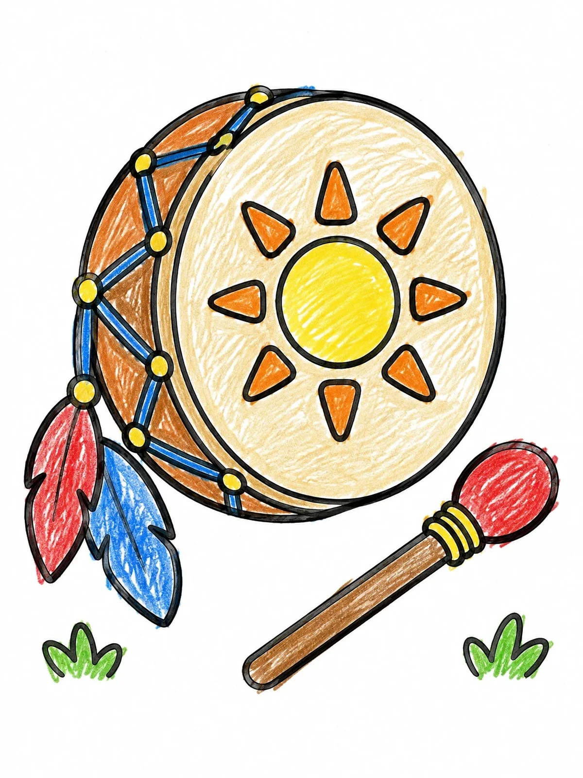 Colored example of the Indigenous Ceremonial Drum And Mallet coloring page