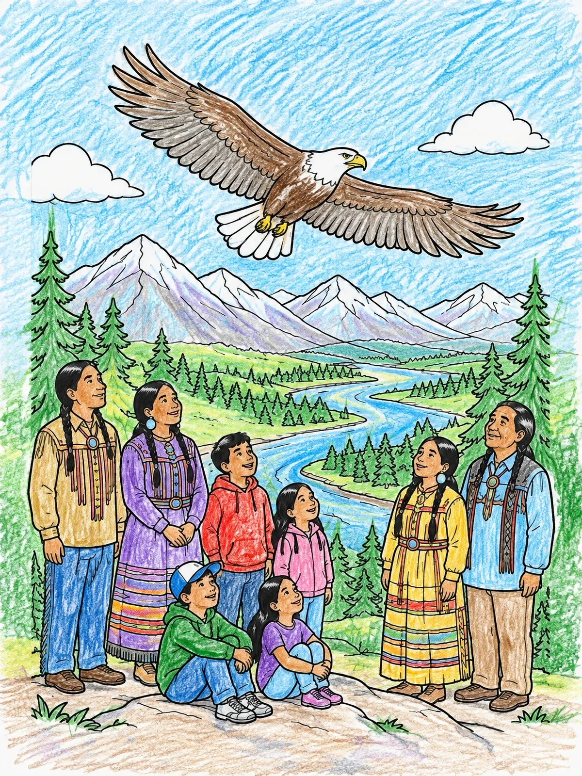 Colored example of the Indigenous Family Watching An Eagle Soar coloring page