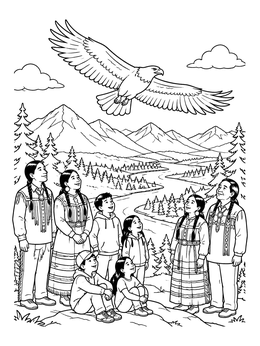 Free printable Indigenous Family Watching An Eagle Soar coloring page