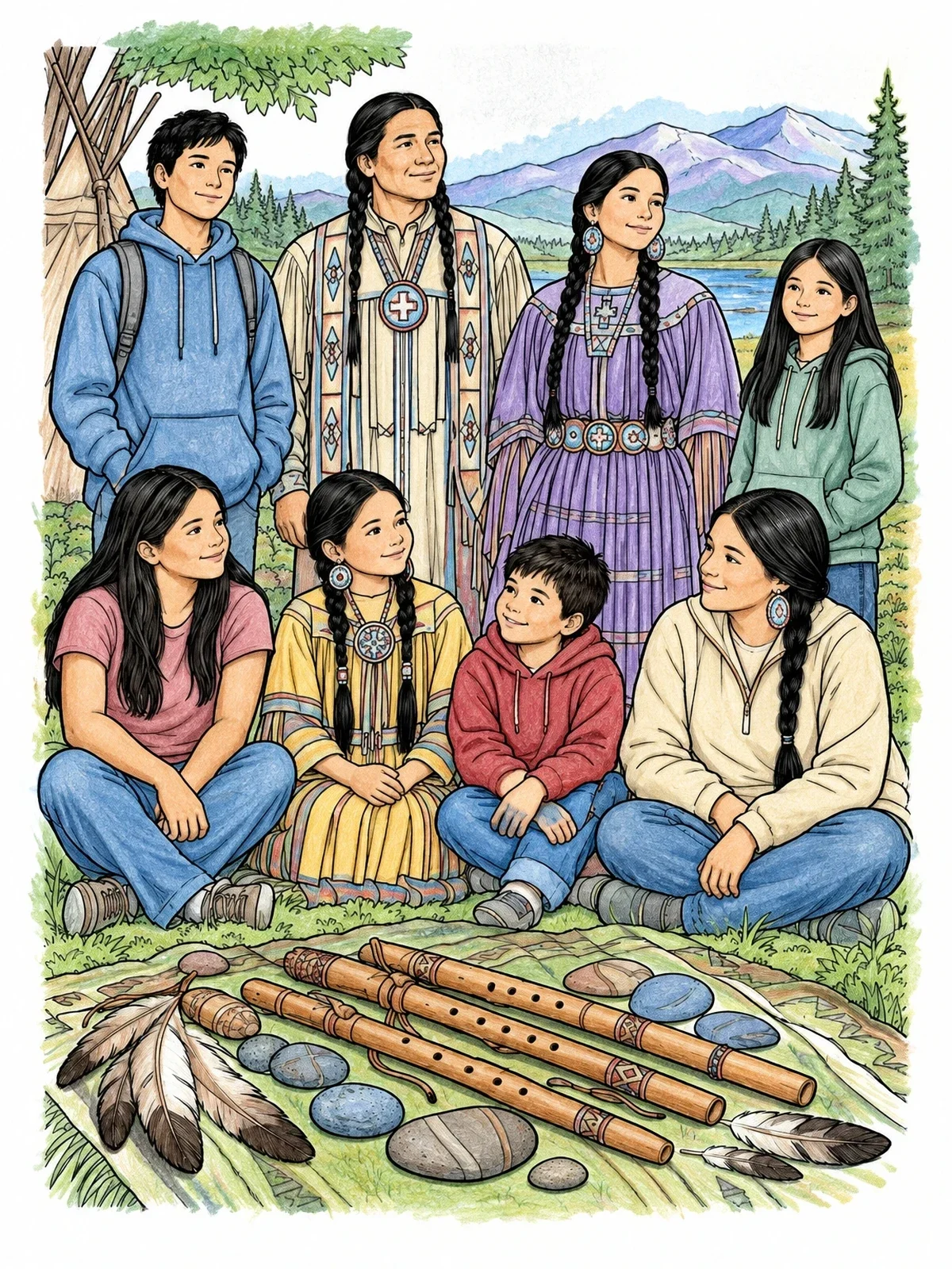 Colored example of the Indigenous Family Gathering Outdoors coloring page