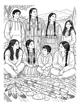 Free printable Indigenous Family Gathering Outdoors coloring page