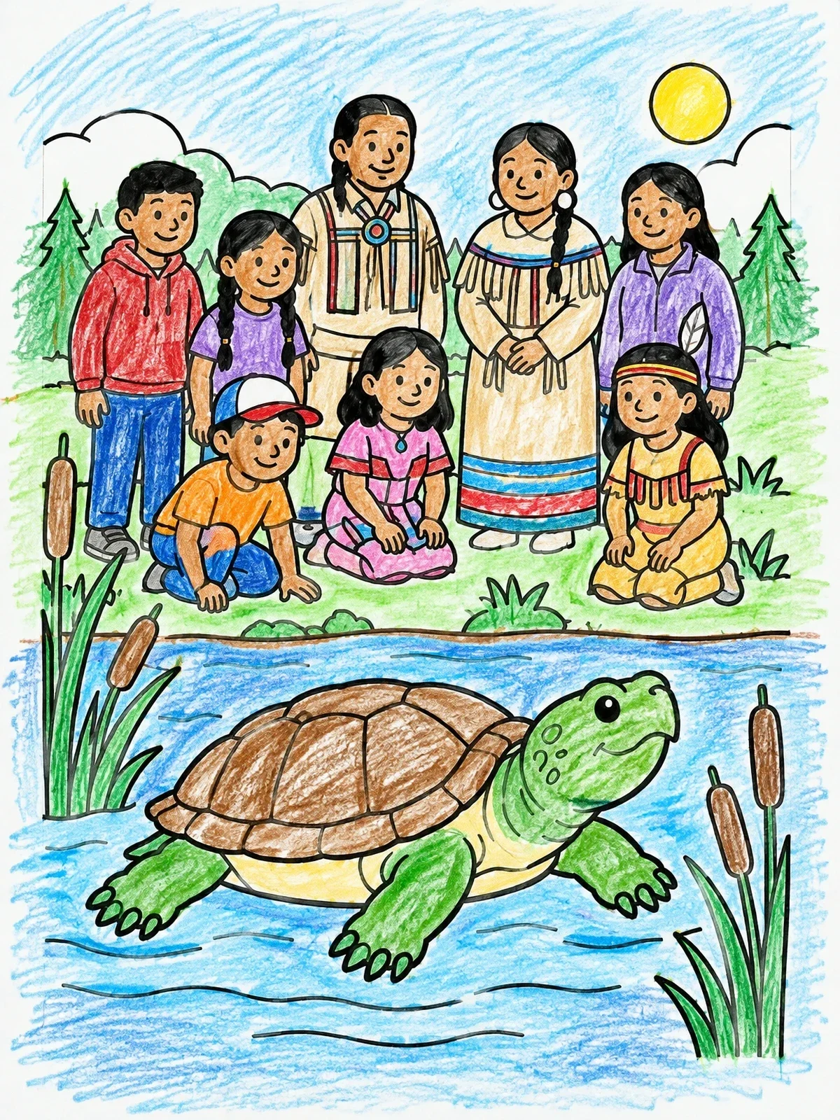 Colored example of the Indigenous Family Watching Turtle By The Water coloring page