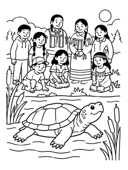 Free printable Indigenous Family Watching Turtle By The Water coloring page