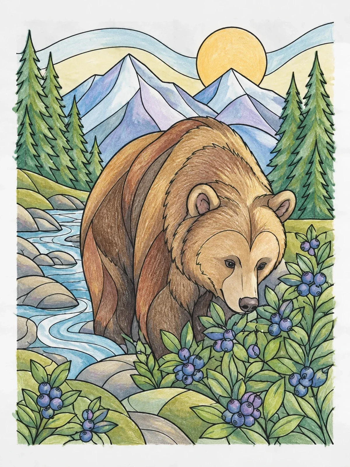 Colored example of the Bear Foraging In Mountain Landscape coloring page