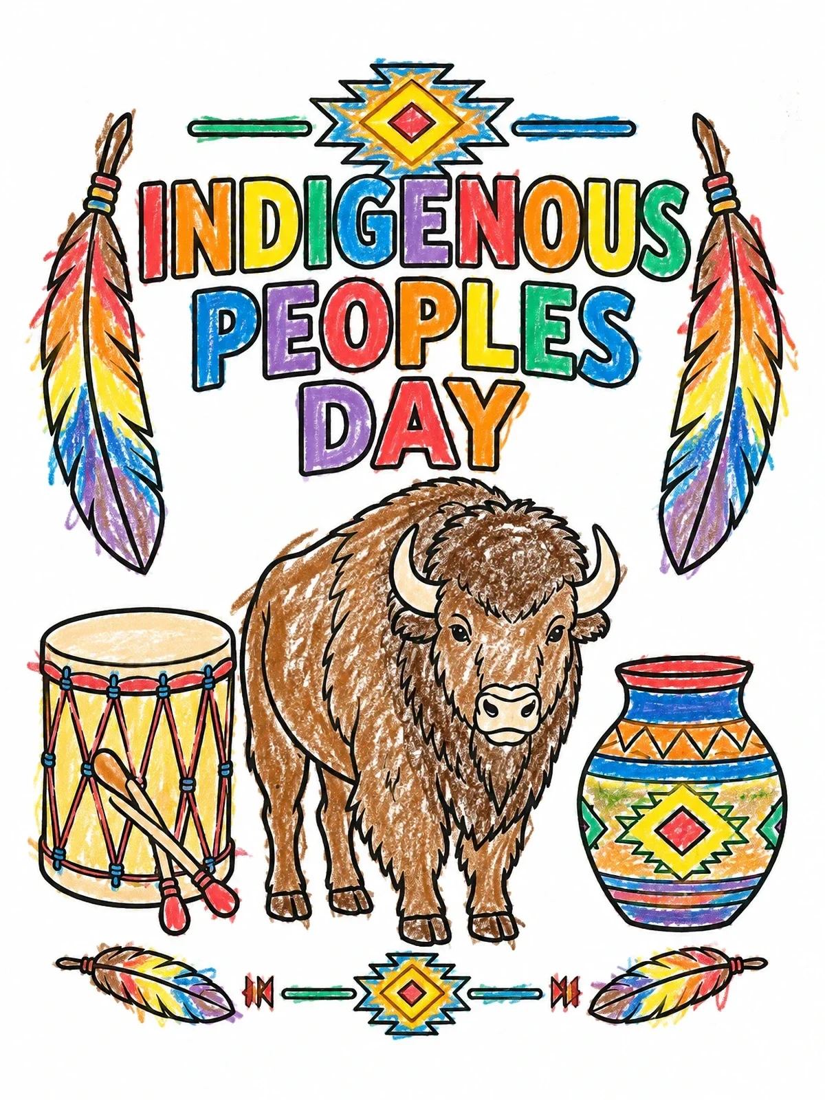 Colored example of the Indigenous Peoples Day With Buffalo And Drum coloring page