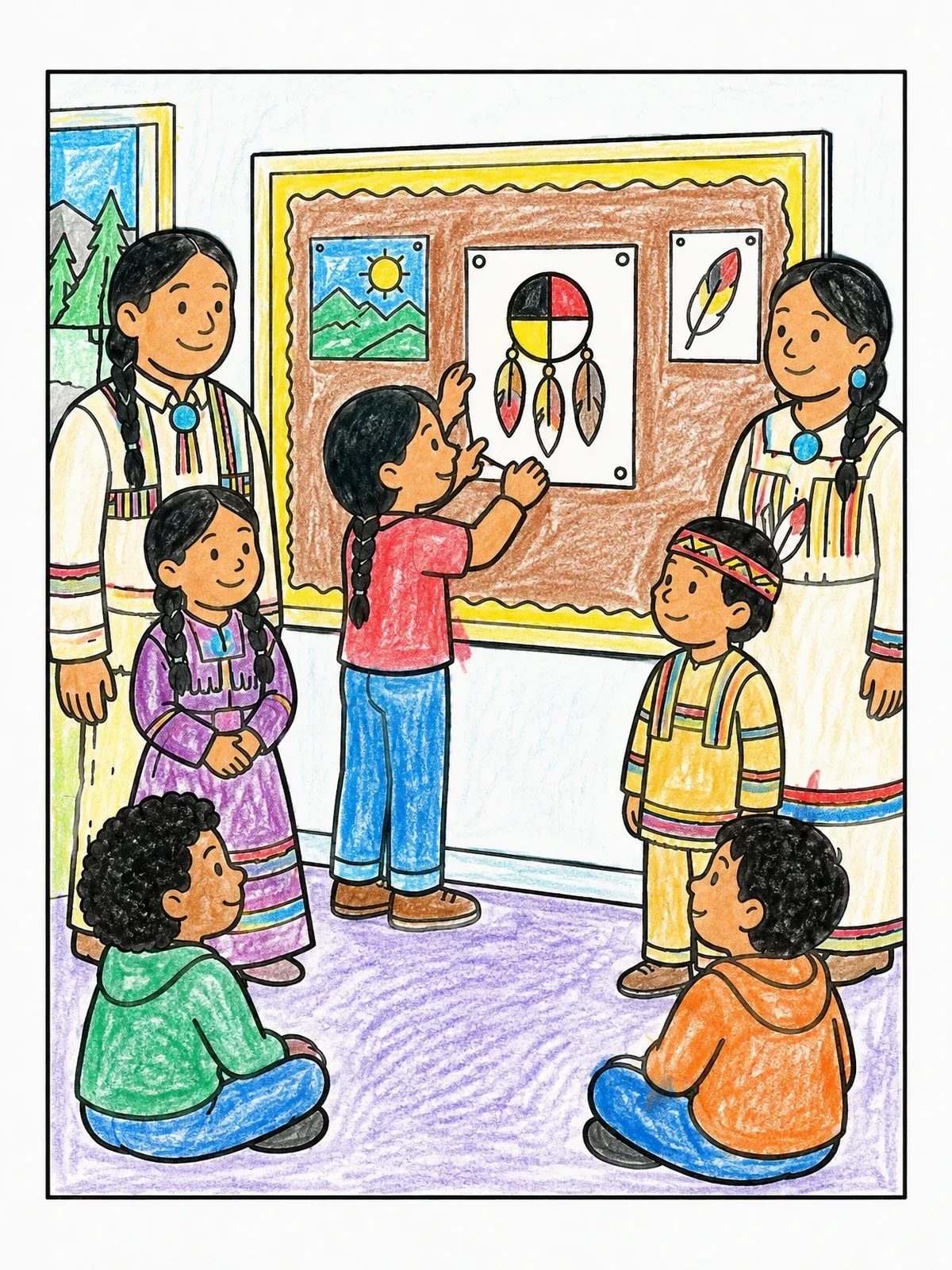 Colored example of the Classroom Indigenous Peoples Day Display coloring page