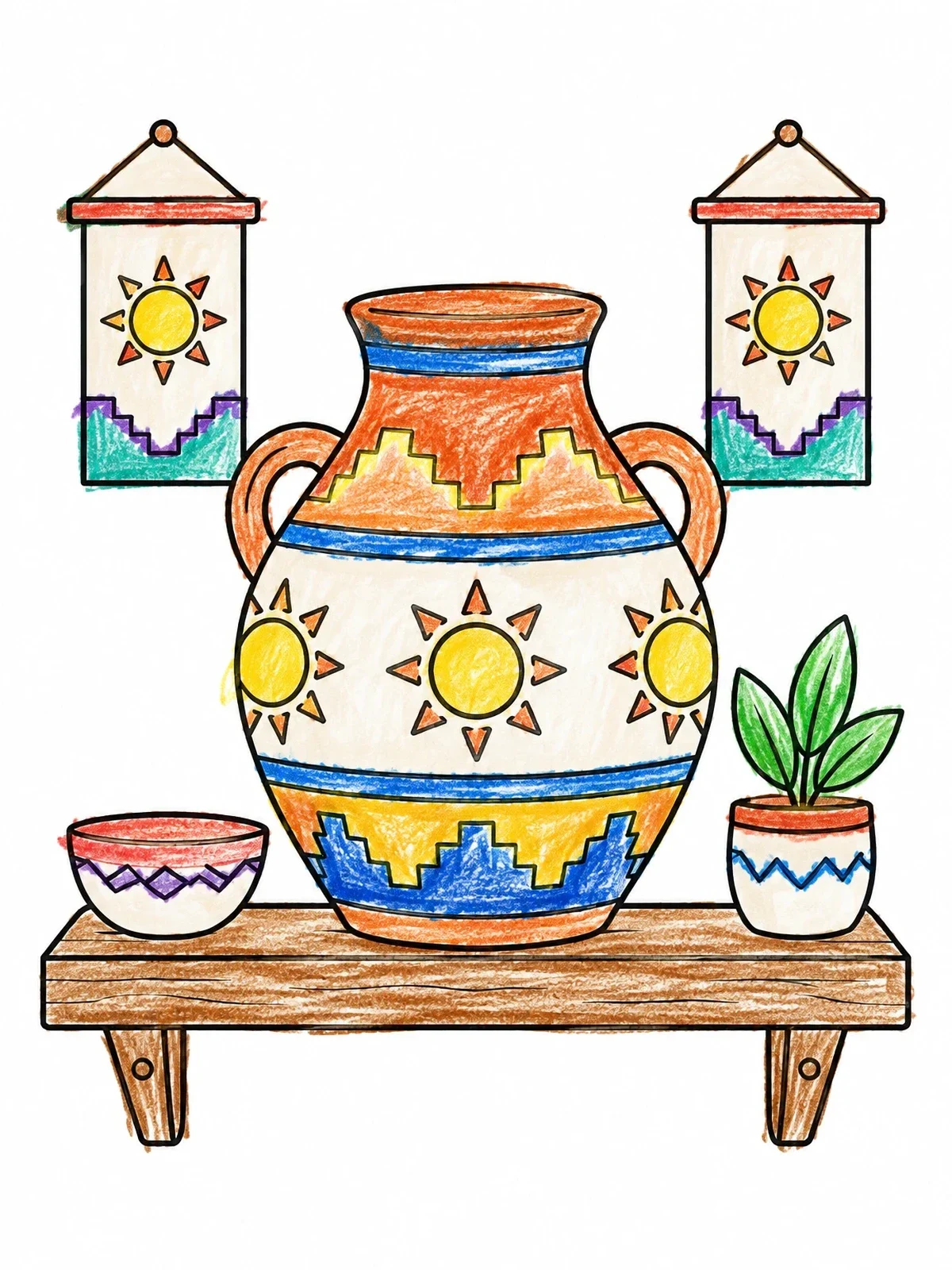 Colored example of the Decorative Clay Pottery On Display Shelf coloring page