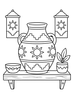 Free printable Decorative Clay Pottery On Display Shelf coloring page