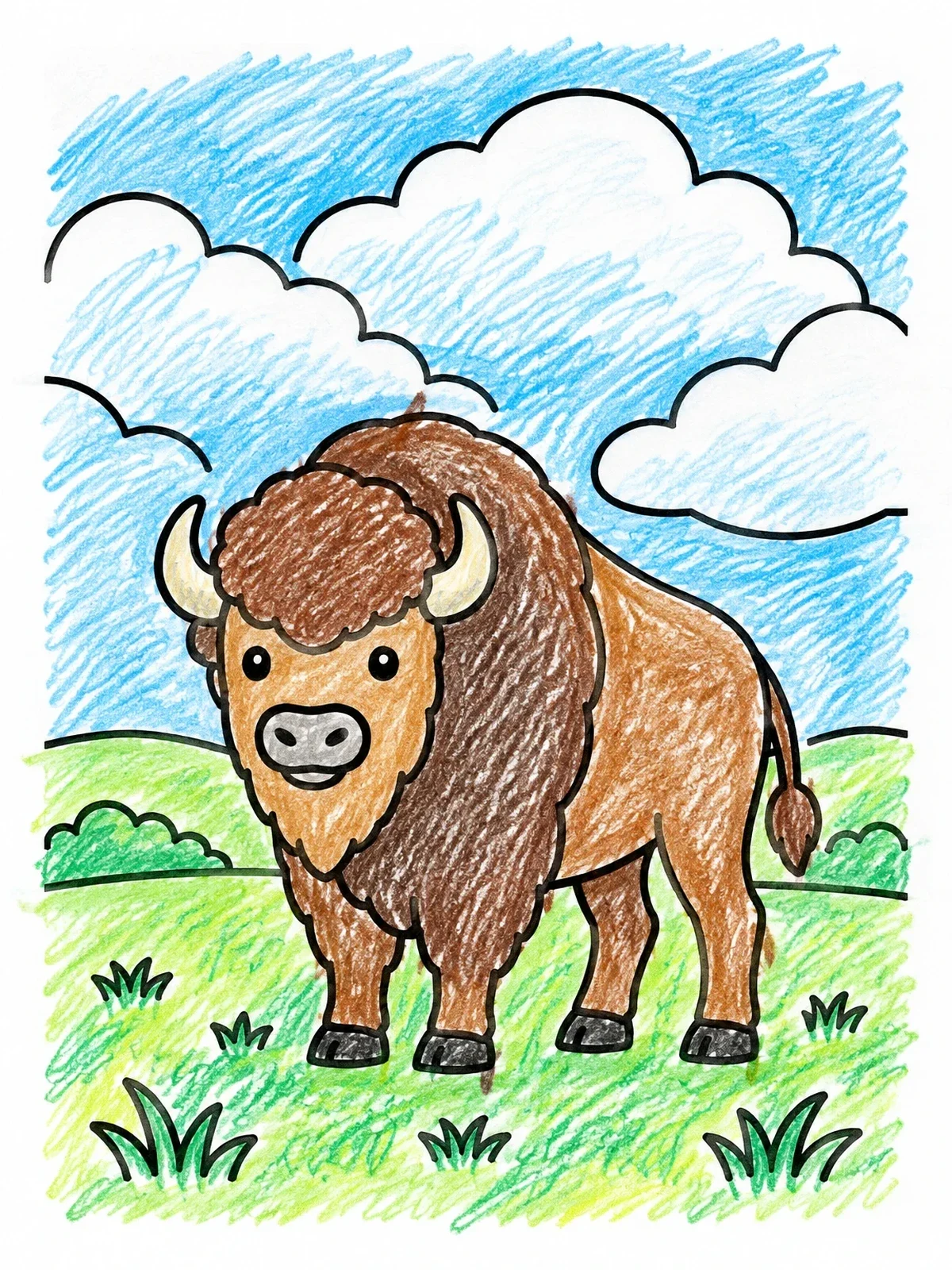 Colored example of the Cute American Bison On Prairie coloring page