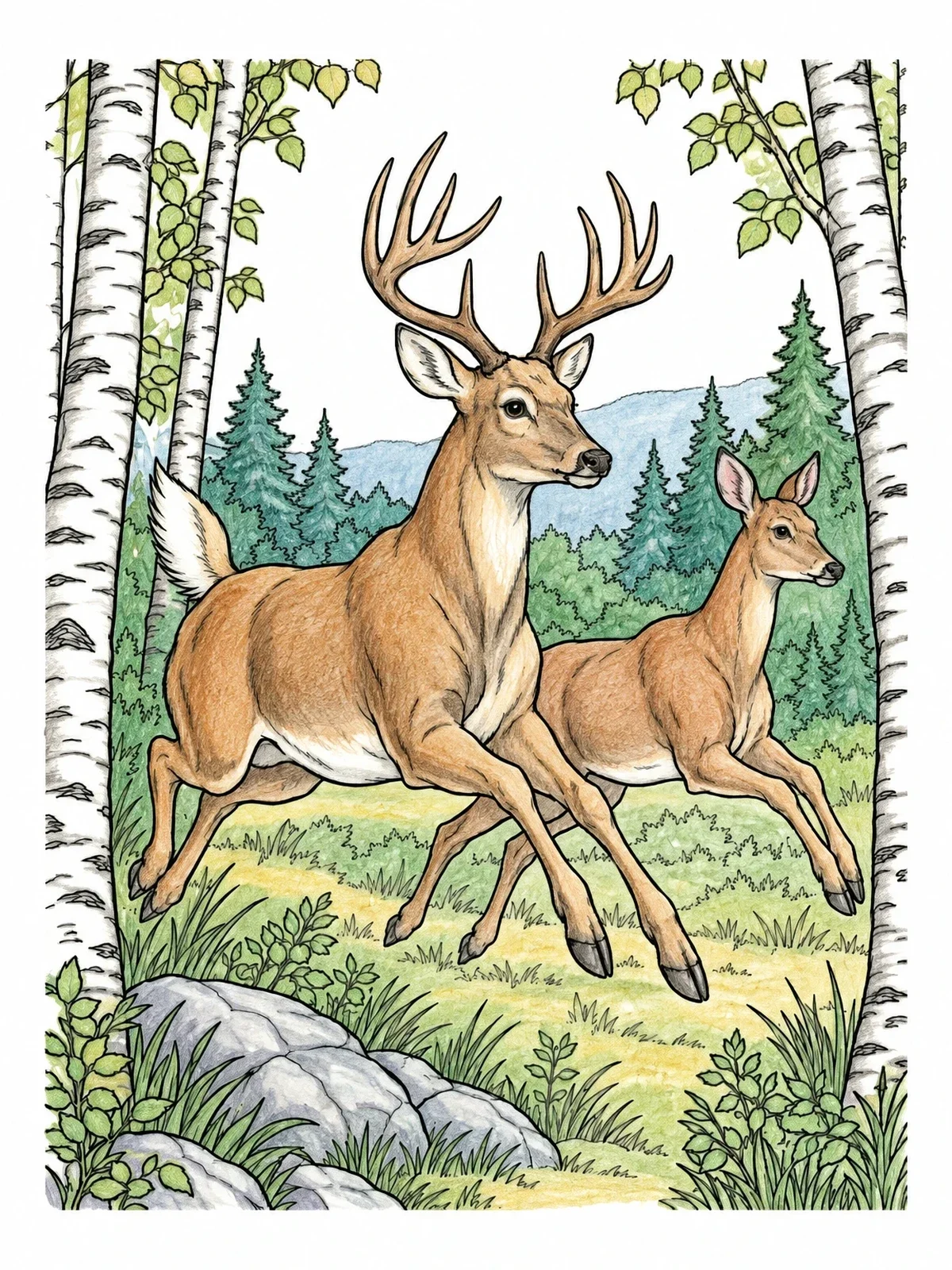 Colored example of the Deer Leaping Through Birch Forest coloring page