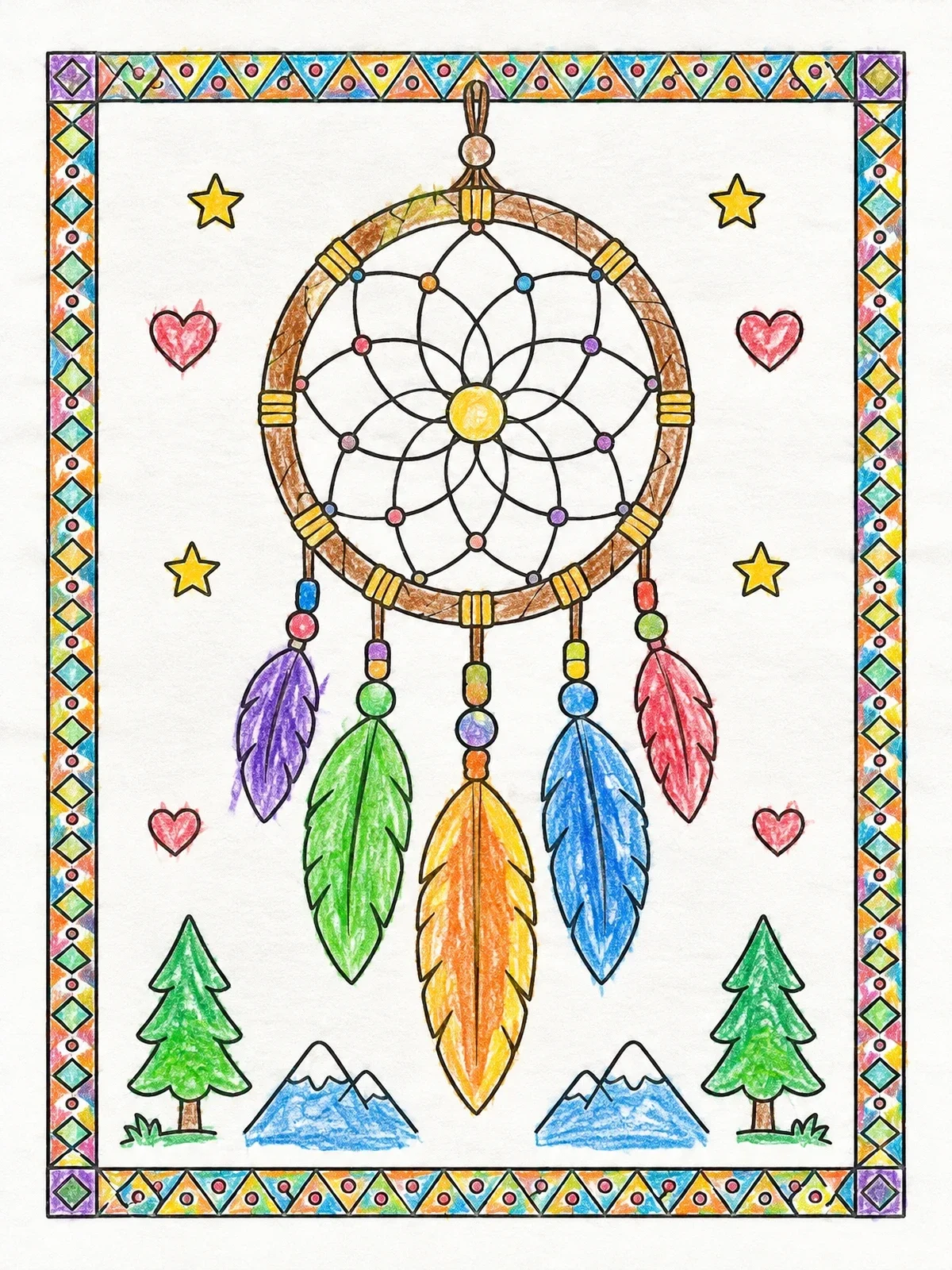 Colored example of the Dreamcatcher With Feathers And Border coloring page
