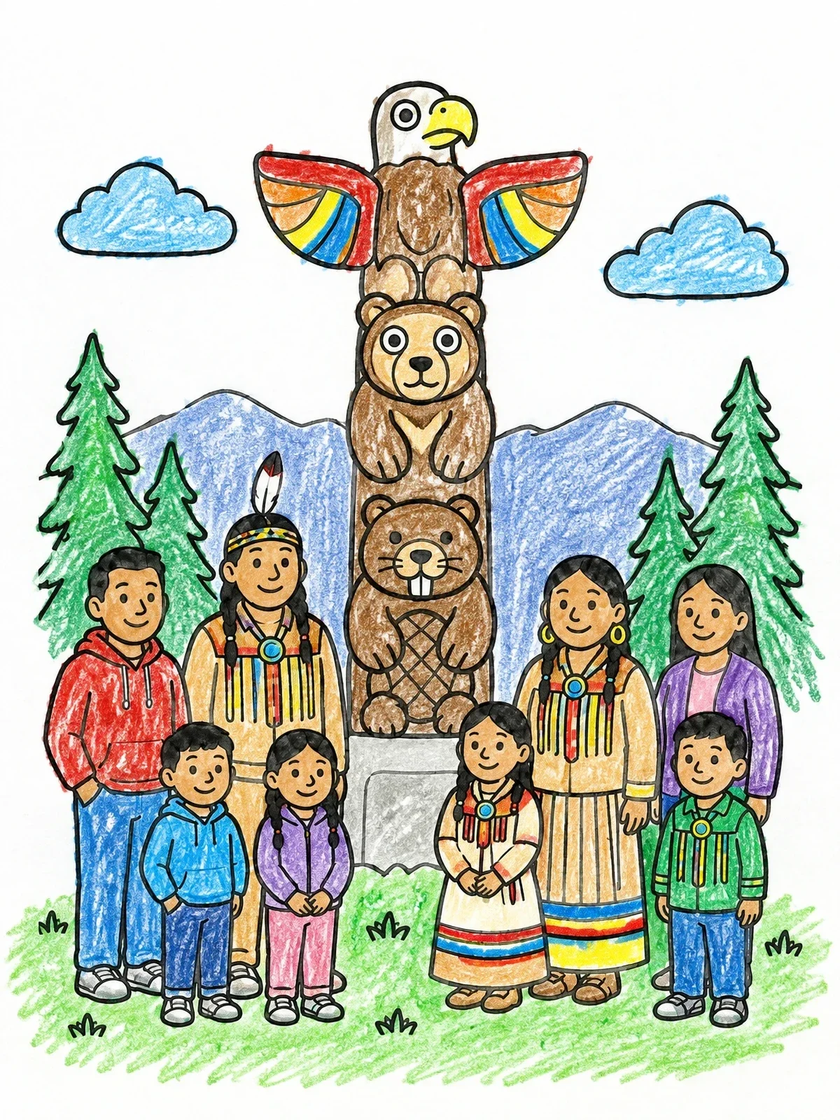 Colored example of the Family Beside A Carved Totem Pole coloring page