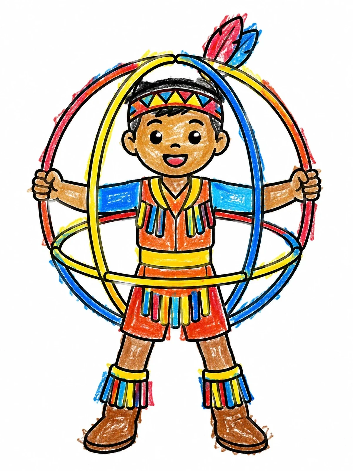 Colored example of the Child Hoop Dancer With Globe coloring page