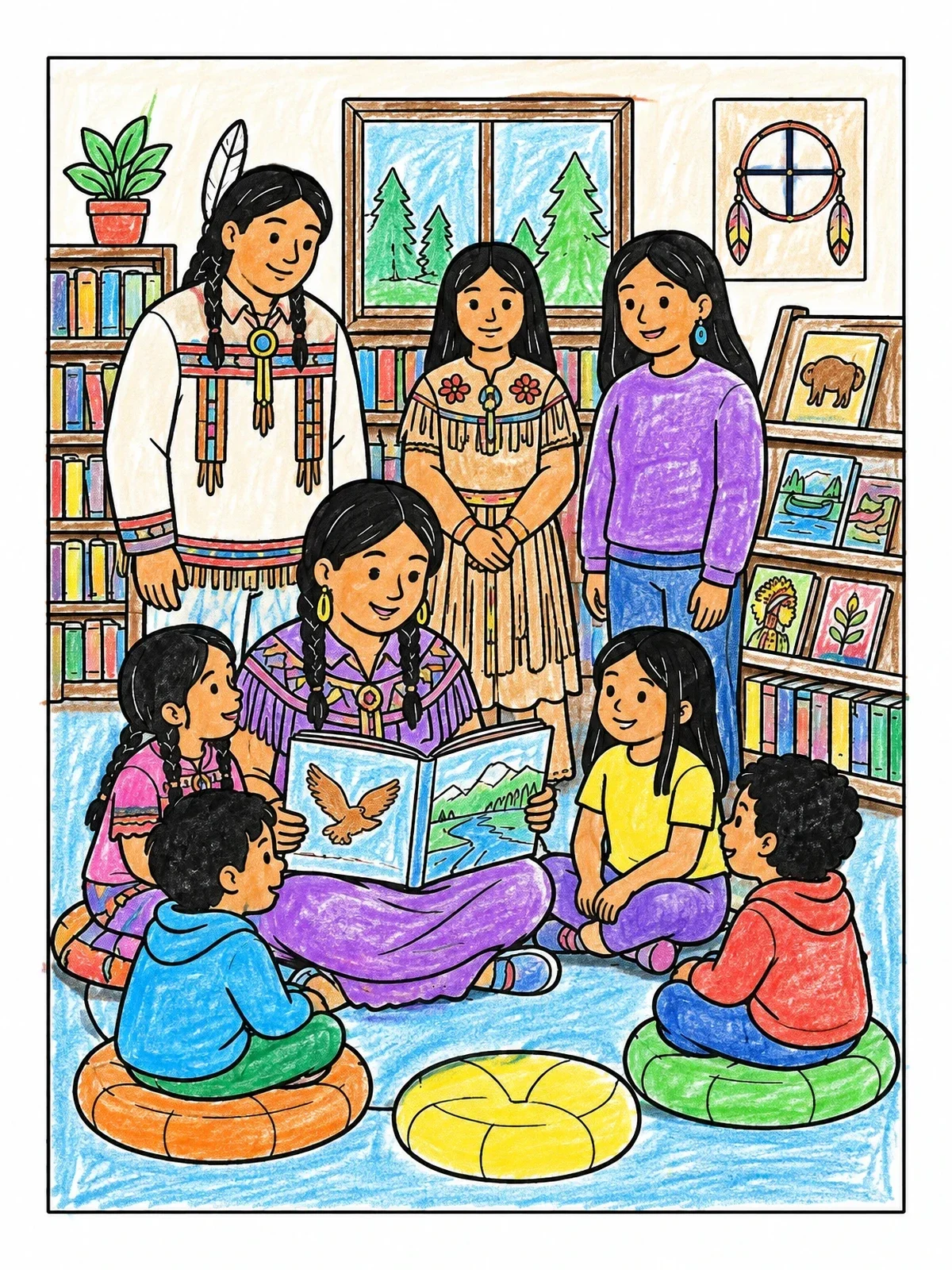 Colored example of the Library Storytime For Indigenous Peoples Day coloring page