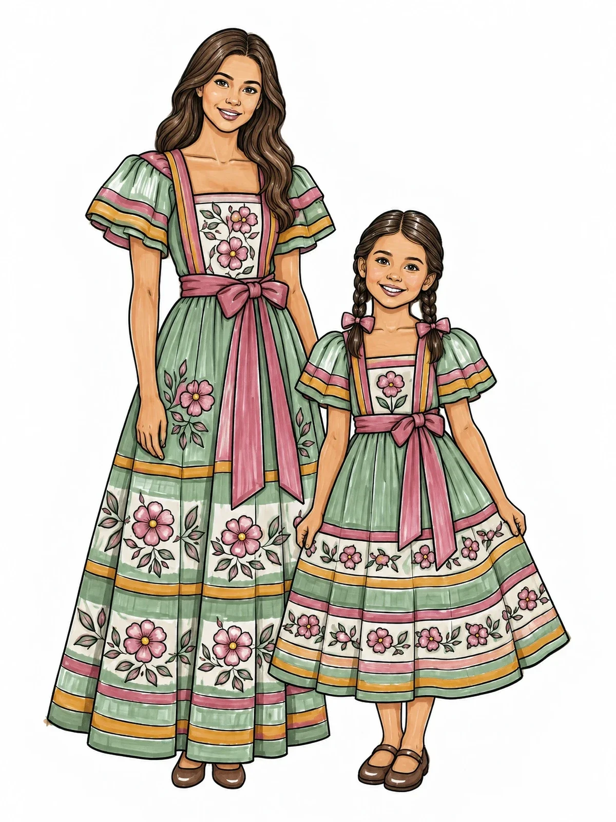 Colored example of the Mother And Daughter In Ribbon Dresses coloring page