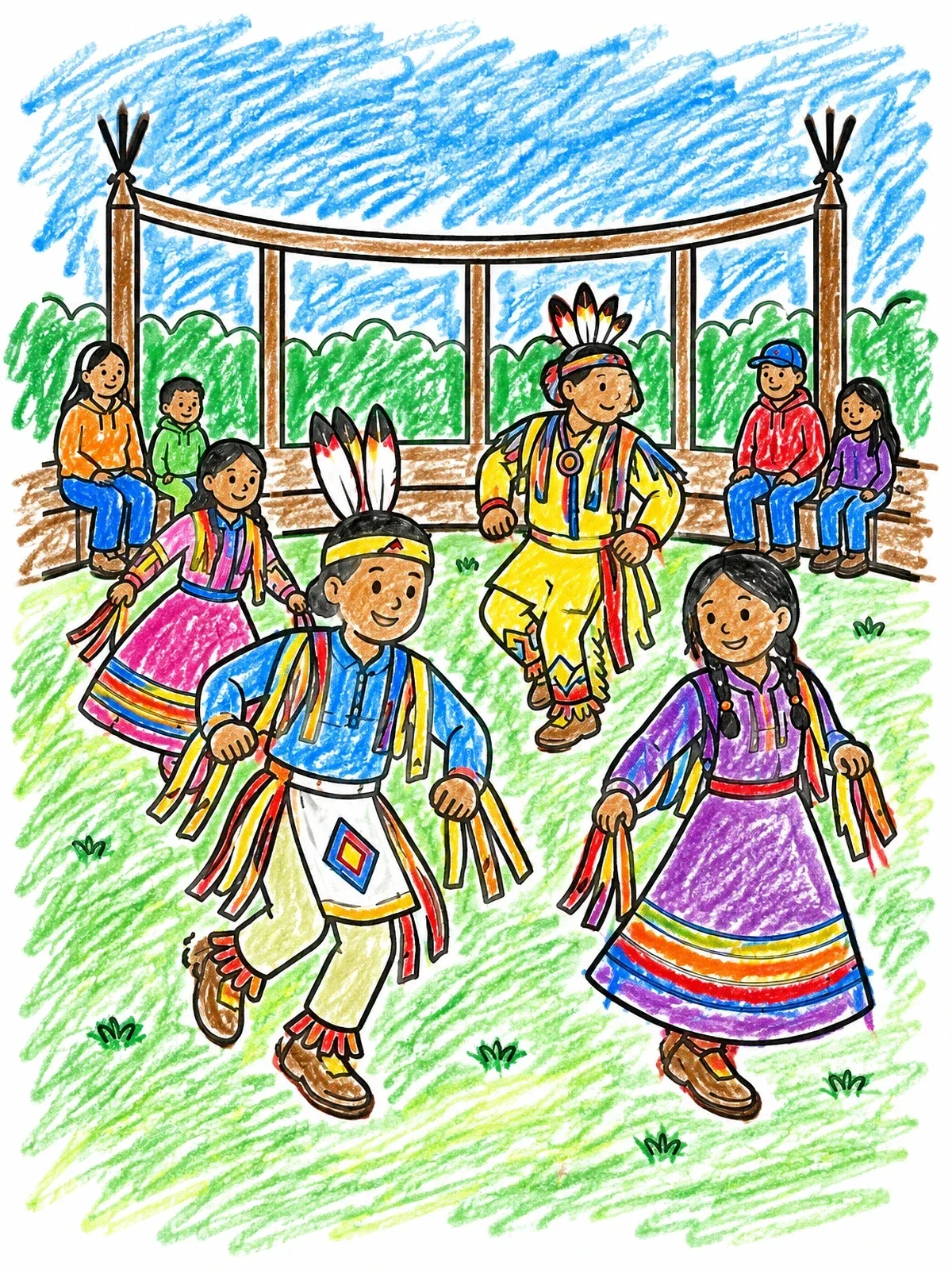 Colored example of the Powwow Dancers At Arena Celebration coloring page