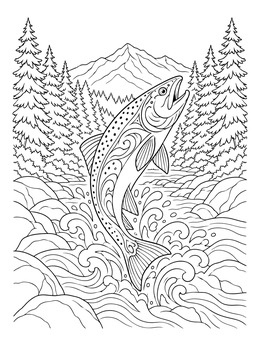 Free printable Leaping Salmon In River Rapids coloring page