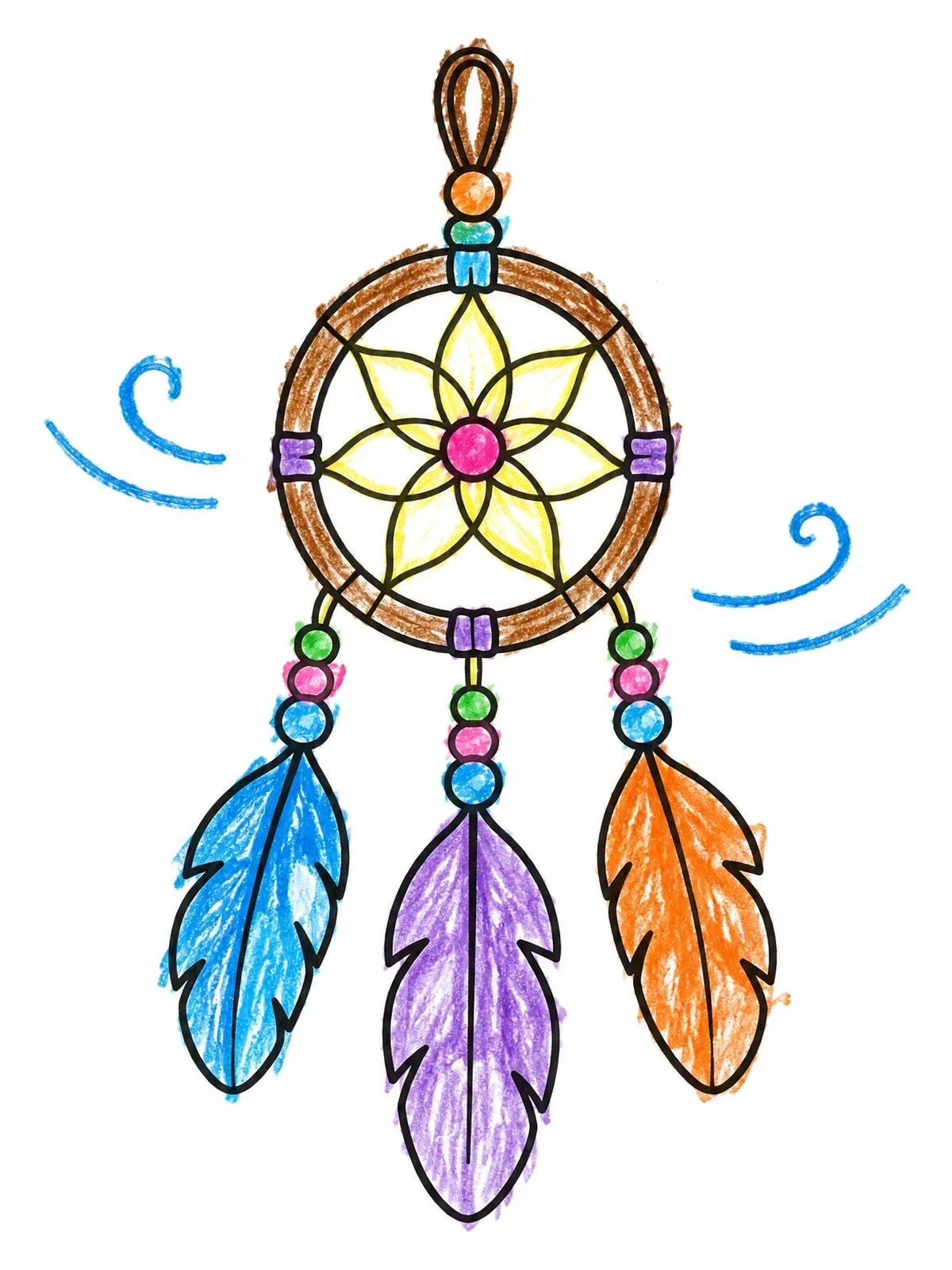 Colored example of the Simple Dreamcatcher With Feathers coloring page
