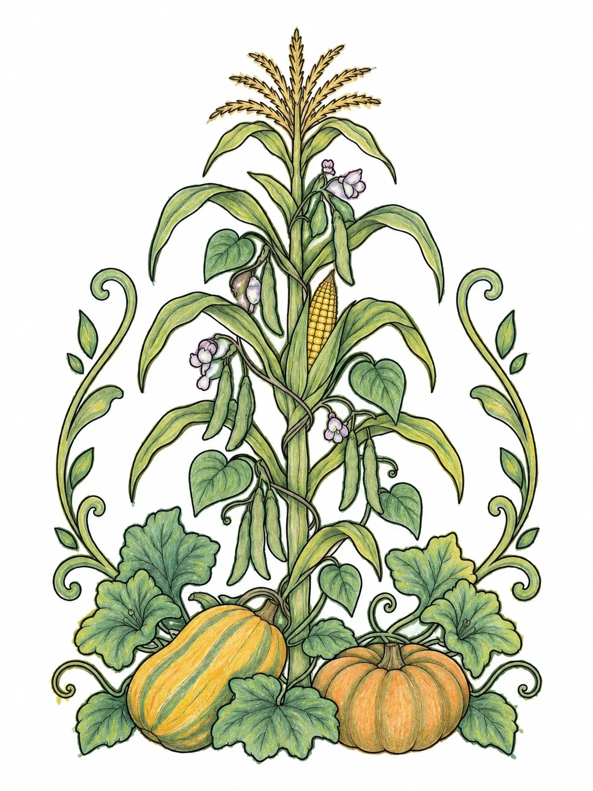 Colored example of the Three Sisters Agricultural Tradition coloring page
